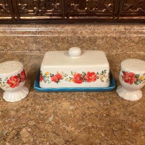 Pioneer Woman Vintage Floral Butter Dish with Salt & Pepper Shakers